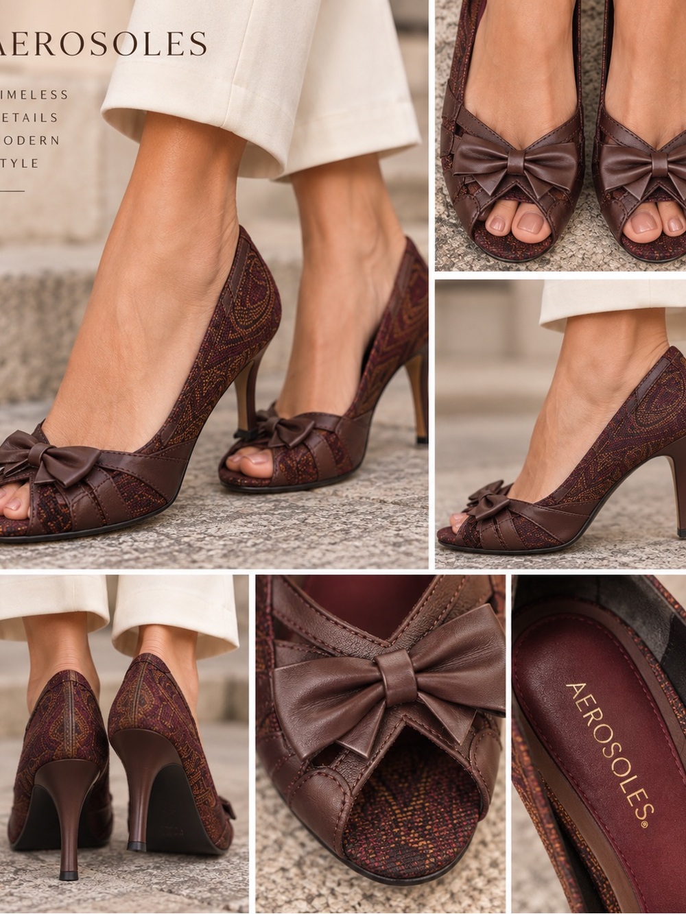 Aerosoles Brown Bow Peep Toe Pumps Paisley Fabric Stiletto Heels Retro Academia